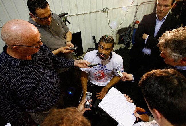 LONDON, ENGLAND - OCTOBER 27:  WBA World Heavyweight Champion David Haye speaks the the press during his Media Training Day at The Haymaker Boxing Gym on October 27, 2010 in London, England.  (Photo by Dean Mouhtaropoulos/Getty Images)