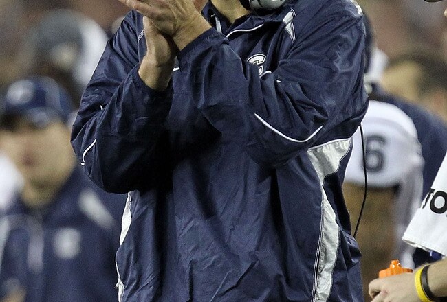 GLENDALE, AZ - JANUARY 01:  Head coach Randy Edall of the Connecticut Huskies reacts while taking on the Oklahoma Sooners during the Tostitos Fiesta Bowl at the Universtity of Phoenix Stadium on January 1, 2011 in Glendale, Arizona.  (Photo by Ronald Martinez/Getty Images)