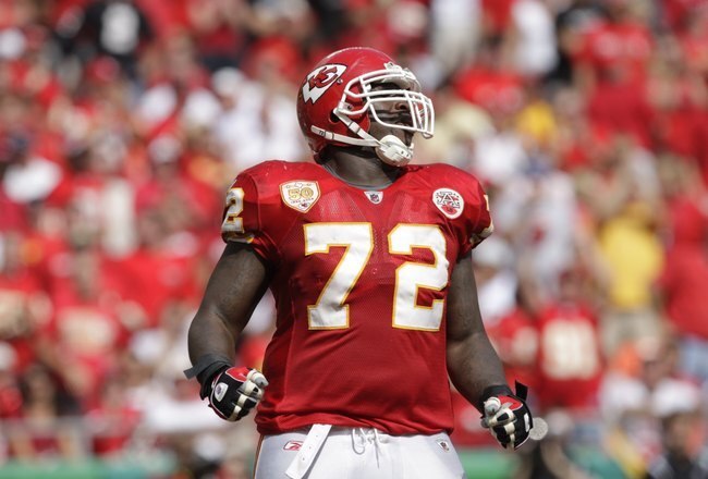KANSAS CITY, MO - SEPTEMBER 20:  Glenn Dorsey #72 of the Kansas City Chiefs reacts during the game against the Oakland Raiders at Arrowhead Stadium on September 20, 2009 in Kansas City, Missouri. (Photo by Jamie Squire/Getty Images)