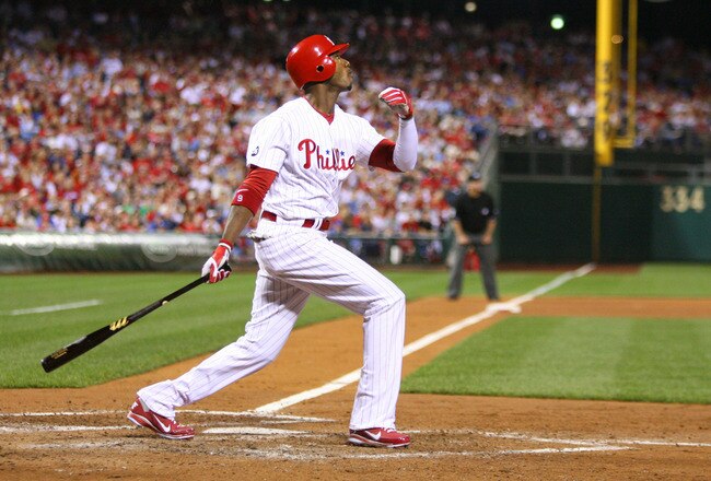 PHILADELPHIA - SEPTEMBER 25: Right fielder Domonic Brown #9 of the Philadelphia Phillies bats during a game against the New York Mets at Citizens Bank Park on September 25, 2010 in Philadelphia, Pennsylvania. The Mets won 5-2. (Photo by Hunter Martin/Getty Images)