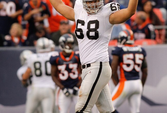 DENVER - OCTOBER 24:  Center Jared Veldheer #68 of the Oakland Raiders celebrates a touchdown by teammate Darren McFadden (not pictured) in the third quarter against the Denver Broncos at INVESCO Field at Mile High on October 24, 2010 in Denver, Colorado. The Raiders defeated the Broncos 59-14. (Photo by Justin Edmonds/Getty Images)