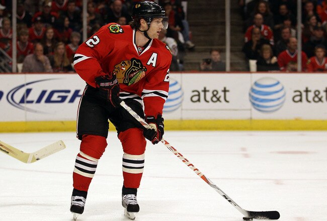 CHICAGO, IL - DECEMBER 30: Duncan Keith #2 of the Chicago Blackhawks looks to pass against the San Jose Sharks at the United Center on December 30, 2010 in Chicago, Illinois. The Sharks defeated the Blackhawks 5-3. (Photo by Jonathan Daniel/Getty Images)
