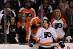 LOS ANGELES, CA - DECEMBER 30:   Philadelphia Flyers fans gather to watch Danny Briere #48 and the rest of the Flyers warm up for the game with the Los Angeles Kings at Staples Center on December 30, 2010 in Los Angeles, California.  The Flyers won 7-4. (Photo by Stephen Dunn/Getty Images)