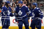 TORONTO - OCTOBER 2: Tyler Bozak #42, Tomas Kaberle #15 and Phil Kessel #81 of the Toronto Maple Leafs celebrate Kaberle's goal against the Detroit Red Wings during a preseason NHL game at the Air Canada Centre October 2, 2010 in Toronto, Ontario, Canada. (Photo by Abelimages/Getty Images)