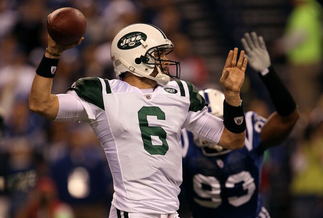 INDIANAPOLIS, IN - JANUARY 08:  Quarterback Mark Sanchez #6 of the New York Jets throws a pass against the Indianapolis Colts during their 2011 AFC wild card playoff game at Lucas Oil Stadium on January 8, 2011 in Indianapolis, Indiana.  (Photo by Jonathan Daniel/Getty Images)
