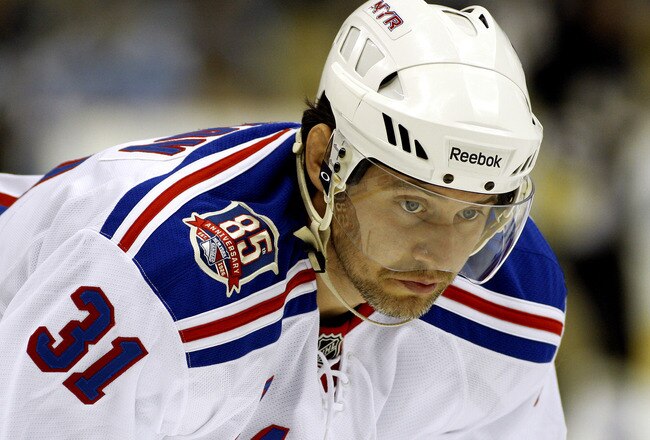 PITTSBURGH - NOVEMBER 15:  Alexander Frolov #31of the New York Rangers looks on during warm ups before play against the Pittsburgh Penguins at Consol Energy Center on November 15, 2010 in Pittsburgh, Pennsylvania.  (Photo by Justin K. Aller/Getty Images)