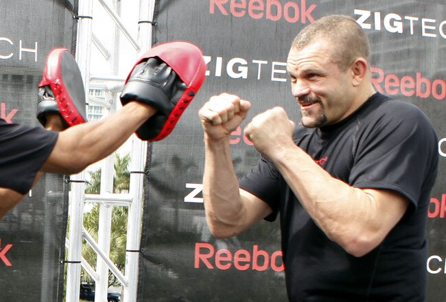 FORT LAUDERDALE, FL - FEBRUARY 05:  Fighter 'Sugar' Shane Mosley (L) and MMA fighter Chuck Liddell (R) spar during the Reebok launch of the ZIGTECH shoe on February 5, 2010 in Fort Lauderdale, Florida.  (Photo by Marc Serota/Getty Images for Reebok)