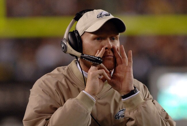 Philadelphia Eagles secondary coach Sean McDermott directs the defense  against the Dallas Cowboys November 14, 2005 at Lincoln Financial Field in Philadelphia.  The Cowboys defeated the Eagles 21 - 20.  (Photo by Al Messerschmidt/Getty Images)