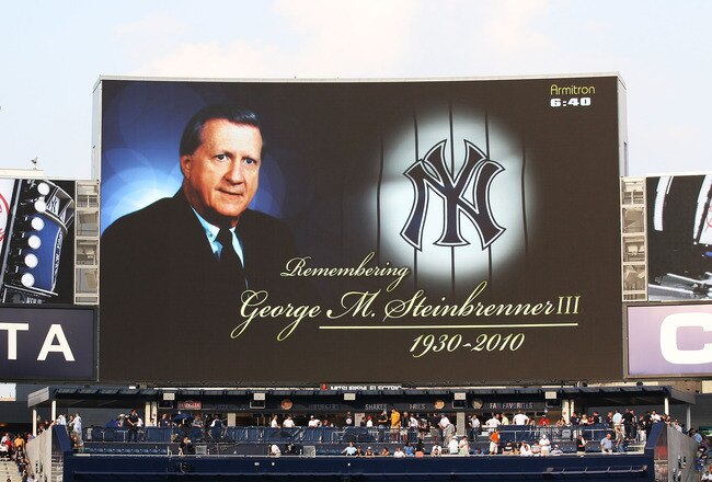 NEW YORK - JULY 16:  The scoreboard displays a photo of George Steinbrenner, Owner of the New York Yankees during his memorial ceremony before the game against theTampa Bay Rays  on July 16, 2010 at Yankee Stadium in the Bronx borough of New York City.  (Photo by Al Bello/Getty Images)