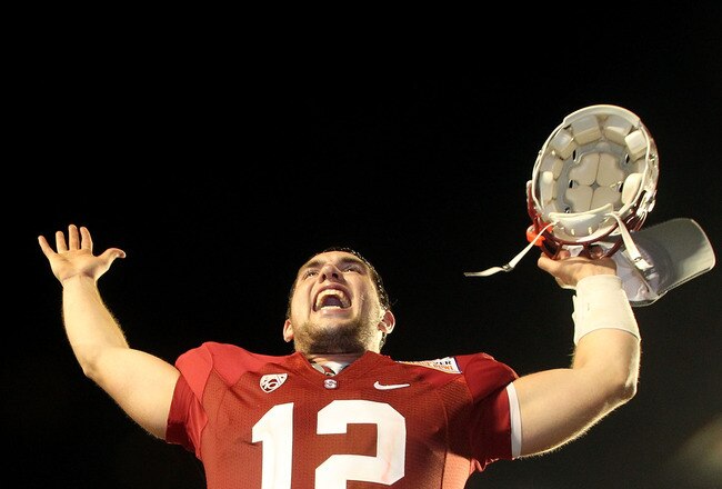 MIAMI, FL - JANUARY 03: Orange bowl MVP Andrew Luck of the Stanford Cardinal celebrates after Stanford won 40-12 against the Virginia Tech Hokies during the 2011 Discover Orange Bowl at Sun Life Stadium on January 3, 2011 in Miami, Florida. (Photo by Streeter Lecka/Getty Images)