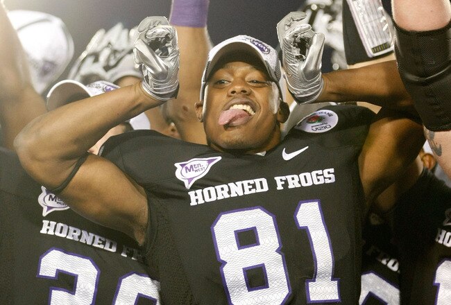 PASADENA, CA - JANUARY 01:  Wide receiver Alonzo Adams #81 of the TCU Horned Frogs celebrates after defeating the Wisconsin Badgers 21-19 in the 97th Rose Bowl game on January 1, 2011 in Pasadena, California.  (Photo by Jeff Gross/Getty Images)