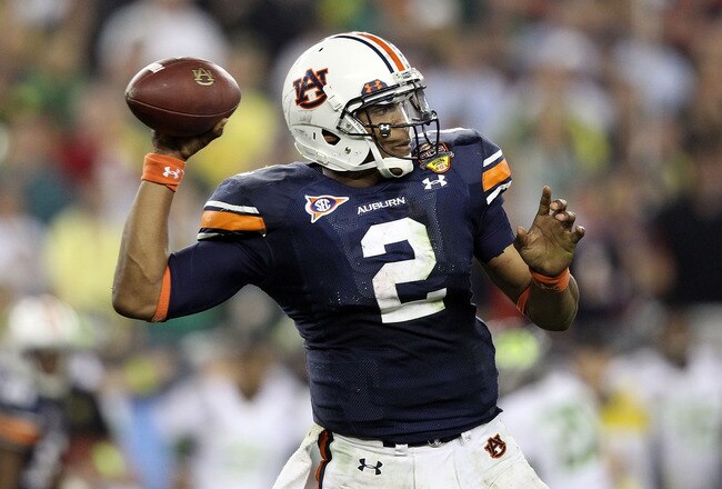 GLENDALE, AZ - JANUARY 10:  Quarterback Cameron Newton #2 of the Auburn Tigers throws the ball in the third quarter against the Oregon Ducks during the Tostitos BCS National Championship Game at University of Phoenix Stadium on January 10, 2011 in Glendale, Arizona.  (Photo by Christian Petersen/Getty Images)