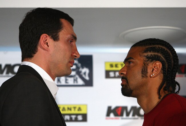 LONDON, ENGLAND - APRIL 20:  David Haye (R) of the United Kingdom and Wladimir Klitschko (L) of Ukraine pose during a press conference at The Hospital Club on April 20, 2009 in London, England. The IBF, IBO and WBO World Heavyweight Championship fight between Wladimir Klitschko and David Haye will take place at the Veltins Arena on June 20, 2009 in Gelsenkirchen, Germany.  (Photo by Ryan Pierse/Getty Images)