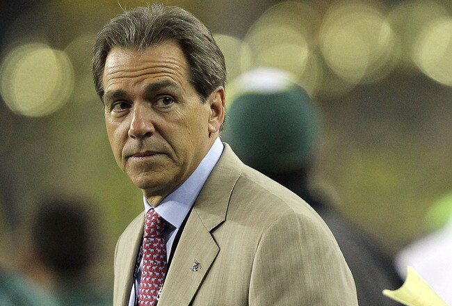 GLENDALE, AZ - JANUARY 10:  Head coach Nick Saban of the Alabama Crimson Tide looks on from the sideline during the Tostitos BCS National Championship Game at University of Phoenix Stadium on January 10, 2011 in Glendale, Arizona.  (Photo by Ronald Martinez/Getty Images)