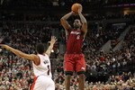 PORTLAND, OR - JANUARY 9: LeBron James #6 of the Miami Heat shoots the ball against Wesley Matthews #2 of the Portland Trail Blazers during a game on January 9, 2011 at the Rose Garden Arena in Portland, Oregon. NOTE TO USER: User expressly acknowledges and agrees that, by downloading and or using this photograph, User is consenting to the terms and conditions of the Getty Images License Agreement.(Photo by Tom Hauck/Getty Images)
