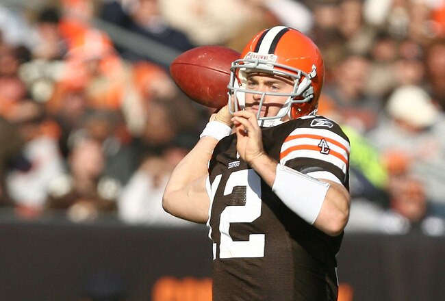 CLEVELAND - NOVEMBER 07:  Quarterback Colt McCoy #12 of the Cleveland Browns throws to a receiver against the New England Patriots at Cleveland Browns Stadium on November 7, 2010 in Cleveland, Ohio.  (Photo by Matt Sullivan/Getty Images)