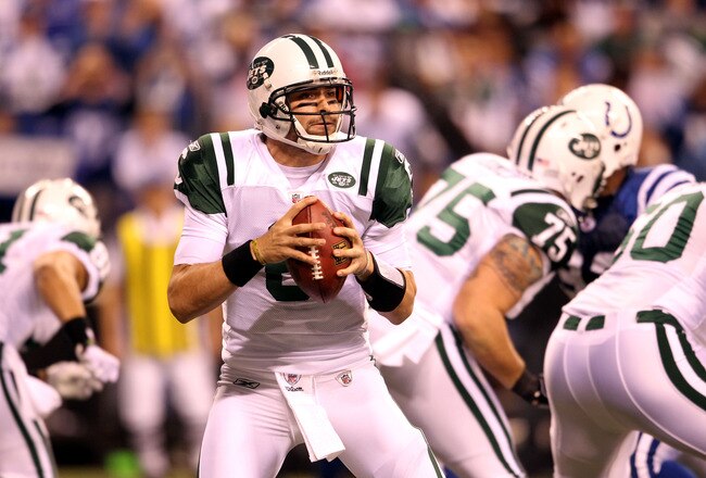 INDIANAPOLIS, IN - JANUARY 08:  Mark Sanchez #6 of the New York Jets drops back to pass against the Indianapolis Colts during their 2011 AFC wild card playoff game at Lucas Oil Stadium on January 8, 2011 in Indianapolis, Indiana. The Jets won 17-16.  (Photo by Andy Lyons/Getty Images)