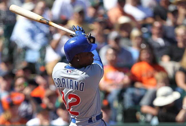 SAN FRANCISCO - AUGUST 12:  Alfonso Soriano #12 of the Chicago Cubs bats against the San Francisco Giants during an MLB game at AT&T Park on August 12, 2010 in San Francisco, California.  (Photo by Jed Jacobsohn/Getty Images)