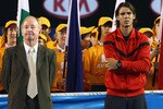 MELBOURNE, AUSTRALIA - FEBRUARY 01:  (L-R) Former Australian tennis legend Rod Laver, Rafael Nadal of Spain and Roger Federer of Switzerland are seen during the trophy presentation after the men's final match during day fourteen of the 2009 Australian Open at Melbourne Park on  February 1, 2009 in Melbourne, Australia.  (Photo by Clive Brunskill/Getty Images)