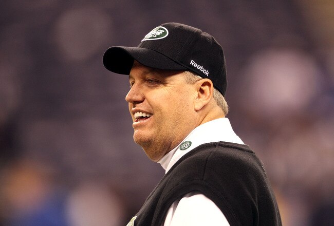 INDIANAPOLIS, IN - JANUARY 08:  Head coach Rex Ryan of the New York Jets looks on during warm ups against the Indianapolis Colts during their 2011 AFC wild card playoff game at Lucas Oil Stadium on January 8, 2011 in Indianapolis, Indiana.  (Photo by Andy Lyons/Getty Images)