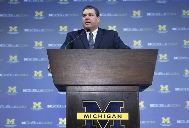 ANN ARBOR, MI - JANUARY 12:  New University of Michigan head football coach Brady Hoke speaks during his introductory press confrence at the Junge Family Champions Center on January 12, 2011 in Ann Arbor, Michigan.  (Photo by Gregory Shamus/Getty Images)