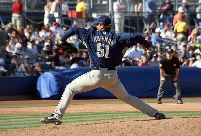 PEORIA, AZ - MARCH 2: Trevor Hoffman #51 of the San Diego Padres delivers the pitch against the Seattle Mariners on March 2, 2008 at Peoria Sports Complex in Peoria, Arizona. The Mariners won 6-2.  (Photo by Stephen Dunn/Getty Images)