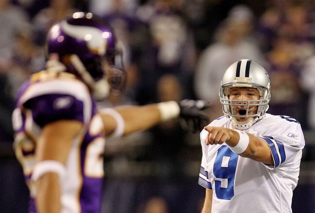 MINNEAPOLIS - JANUARY 17:  Tony Romo #9 of the Dallas Cowboys reacts during the game against the Minnesota Vikings during the NFC Divisional Playoff Game at Hubert H. Humphrey Metrodome on January 17, 2010 in Minneapolis, Minnesota. The Vikings defeated the Cowboys 34-3.  (Photo by Chris McGrath/Getty Images)