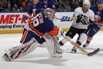UNIONDALE, NY - DECEMBER 29: Rick DiPietro #39 of the New York Islanders skates against the Pittsburgh Penguins at the Nassau Coliseum on December 29, 2010 in Uniondale, New York. The Islanders defeated the Penguins 2-1 in the shootout.  (Photo by Bruce Bennett/Getty Images)