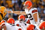 PITTSBURGH - OCTOBER 17:  Colt McCoy #12 of the Cleveland Browns calls out signals during the game against  the Pittsburgh Steelers on October 17, 2010 at Heinz Field in Pittsburgh, Pennsylvania.  (Photo by Jared Wickerham/Getty Images)
