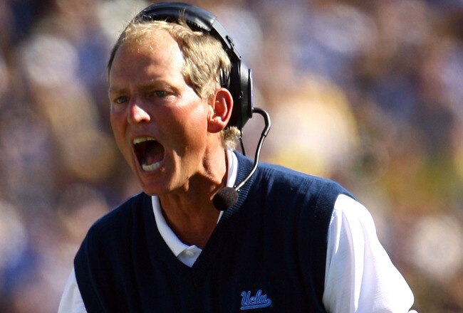 BERKELEY, CA - OCTOBER 25:  UCLA Bruins head coach Rick Neuheisel yells at officials in the second quarter against the Cal Golden Bears at Memorial Stadium on October 25, 2008 in Berkeley, California. Cal defeated UCLA 41-20.  (Photo by Jeff Gross/Getty Images)