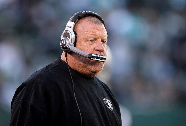 OAKLAND, CA - NOVEMBER 28:  Head coach Tom Cable of the Oakland Raiders walks the sidelines during the closing minutes of their loss to the Miami Dolphins at Oakland-Alameda County Coliseum on November 28, 2010 in Oakland, California.  (Photo by Ezra Shaw/Getty Images)