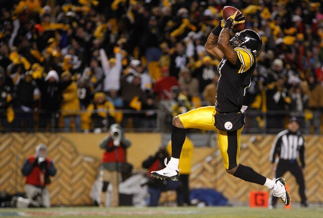 PITTSBURGH - DECEMBER 23:  Mike Wallace #17 of the Pittsburgh Steelers celebrates after scoring a touchdown against the Carolina Panthers during the game on December 23, 2010 at Heinz Field in Pittsburgh, Pennsylvania.  (Photo by Jared Wickerham/Getty Images)
