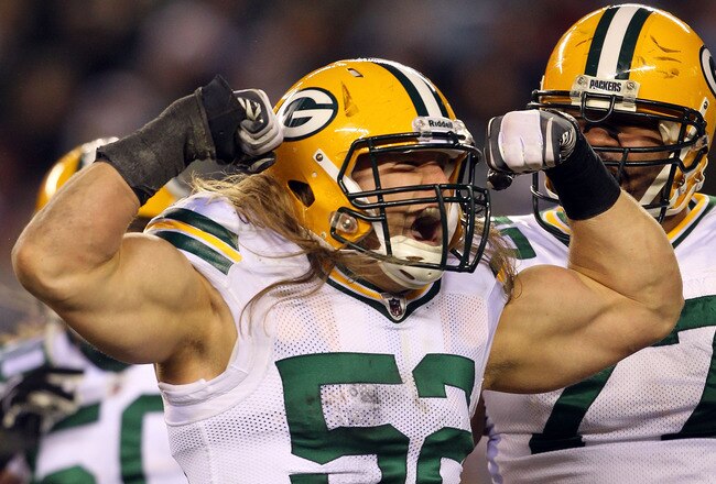 PHILADELPHIA, PA - JANUARY 09:  Clay Matthews #52 of the Green Bay Packers celebrates after a sack against the Michael Vick #7 of the Philadelphia Eagles during the 2011 NFC wild card playoff game at Lincoln Financial Field on January 9, 2011 in Philadelphia, Pennsylvania.  (Photo by Al Bello/Getty Images)