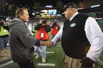 FOXBORO, MA - NOVEMBER 22:  Bill Belichick of the New England Patriots shakes hands with Rex Ryan of the New York on November 22, 2009 in Foxboro, Massachusetts. The Patriots won 31-14. (Photo by Jim Rogash/Getty Images)