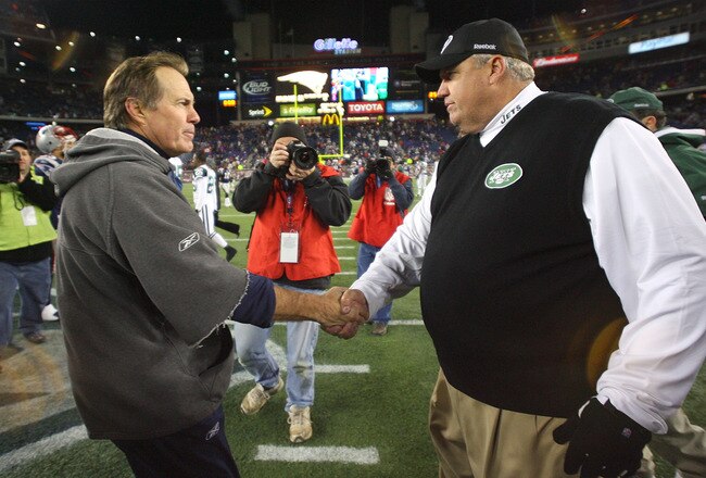 FOXBORO, MA - NOVEMBER 22:  Bill Belichick of the New England Patriots shakes hands with Rex Ryan of the New York on November 22, 2009 in Foxboro, Massachusetts. The Patriots won 31-14. (Photo by Jim Rogash/Getty Images)