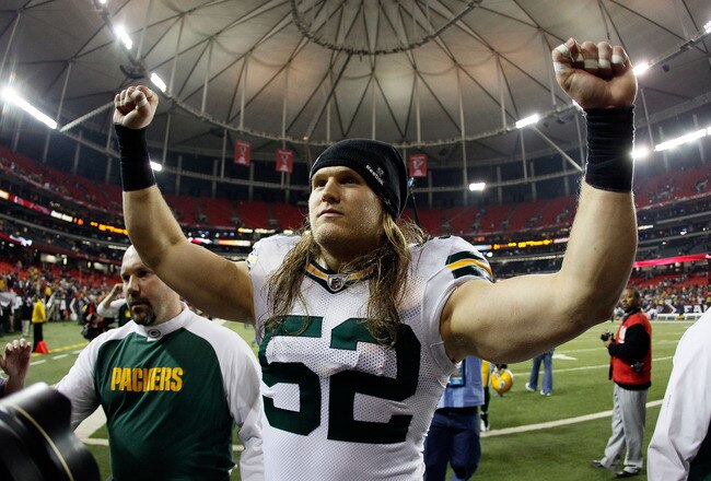 ATLANTA, GA - JANUARY 15:  Clay Matthews #52 of the Green Bay Packers celebrates as he walks off the field after the Packers won 48-21 against the Atlanta Falcons during their 2011 NFC divisional playoff game at Georgia Dome on January 15, 2011 in Atlanta, Georgia.  (Photo by Kevin C. Cox/Getty Images)