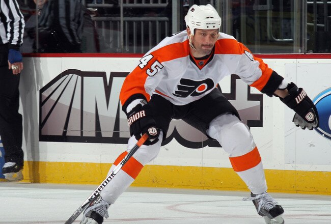 NEWARK, NJ - NOVEMBER 27:  Jody Shelley #45 of the Philadelphia Flyers skates against the New Jersey Devils at the Prudential Center on November 27, 2010 in Newark, New Jersey. The Devils defeated the Flyers 2-1 in the shoot out.  (Photo by Bruce Bennett/Getty Images)