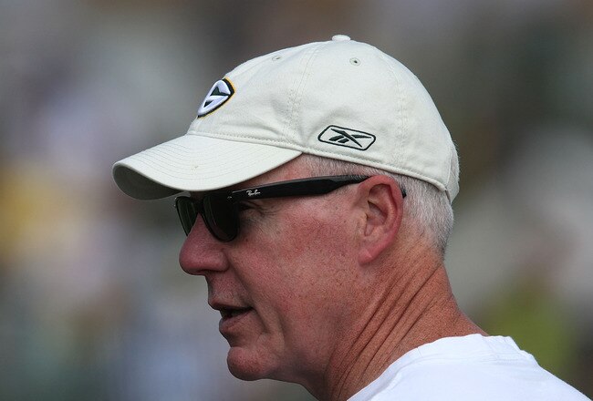 GREEN BAY, WI - AUGUST 03: General manager Ted Thompson of the Green Bay Packers watches practice at summer training camp on August 3, 2009 at the Ray Nitschke Field in Green Bay, Wisconsin. (Photo by Jonathan Daniel/Getty Images)