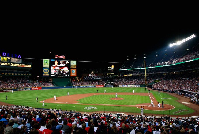 ATLANTA - OCTOBER 11:  A general view of Turner Field during the game between the Atlanta Braves cheer and the San Francisco Giants during Game Four of the NLDS of the 2010 MLB Playoffs at Turner Field on October 11, 2010 in Atlanta, Georgia.  (Photo by Kevin C. Cox/Getty Images)