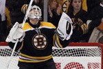 BOSTON, MA - JANUARY 11:  Tim Thomas #30 of the Boston Bruins celebrates after he shut out the Ottawa Senators on January 11, 2011 at the TD Garden in Boston, Massachusetts. The Bruins defeated the Senators 6-0.  (Photo by Elsa/Getty Images)
