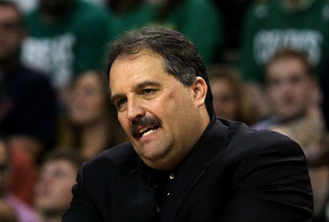 BOSTON - MAY 28:  Head coach Stan Van Gundy of the Orlando Magic reacts as he coaches against the Boston Celtics in Game Six of the Eastern Conference Finals during the 2010 NBA Playoffs at TD Garden on May 28, 2010 in Boston, Massachusetts.  NOTE TO USER: User expressly acknowledges and agrees that, by downloading and/or using this Photograph, user is consenting to the terms and conditions of the Getty Images License Agreement.  (Photo by Jim Rogash/Getty Images)