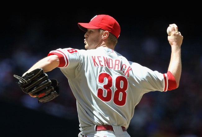 PHOENIX - APRIL 25:  Starting pitcher Kyle Kendrick #38 of the Philadelphia Phillies pitches against the Arizona Diamondbacks during the Major League Baseball game at Chase Field on April 25, 2010 in Phoenix, Arizona. The Diamondbacks defeated the Phillies 8-6.  (Photo by Christian Petersen/Getty Images)
