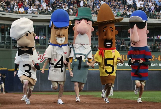 MILWAUKEE - MAY 15: The 'Racing Sausages' compete in the 6th inning of a game between the Milwaukee Brewers and the Los Angeles Dodgers on May 15, 2008 at Miller Park in Milwaukee, Wisconsin. The Dodgers defeated the Brewers 7-2. (Photo by Jonathan Daniel/Getty Images)