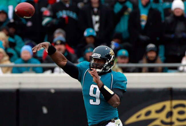 JACKSONVILLE, FL - DECEMBER 26:  Quarterback David Garrard #9 of the Jacksonville Jaguars attempts a pass during the game against the Washington Redskins at EverBank Field on December 26, 2010 in Jacksonville, Florida.  (Photo by Sam Greenwood/Getty Images)