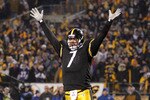 PITTSBURGH, PA - JANUARY 15:  Quarterback Ben Roethlisberger #7 of the Pittsburgh Steelers celebrates the game winning touchdown against the Baltimore Ravens in the fourth quarter of the AFC Divisional Playoff Game at Heinz Field on January 15, 2011 in Pittsburgh, Pennsylvania.  (Photo by Gregory Shamus/Getty Images)