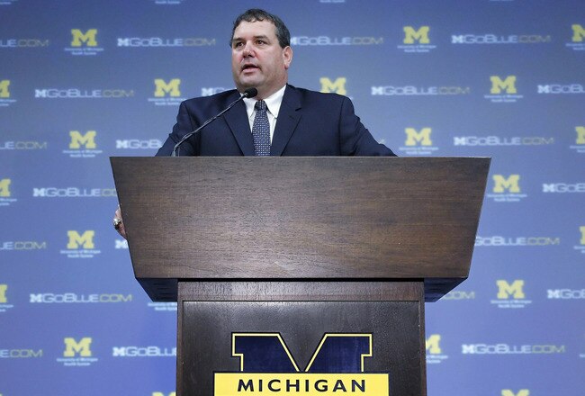 ANN ARBOR, MI - JANUARY 12:  New University of Michigan head football coach Brady Hoke speaks during his introductory press confrence at the Junge Family Champions Center on January 12, 2011 in Ann Arbor, Michigan.  (Photo by Gregory Shamus/Getty Images)