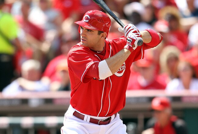 CINCINNATI - SEPTEMBER 12:  (FILE PHOTO)  Joey Votto #19 of  the Cincinnati Reds stands at the plate during the game against the Pittsburgh Pirates at Great American Ballpark on September 12, 2010 in Cincinnati, Ohio.The Baseball Writers' Association of America announced that Votto won the 2010 National League Most Valuable Player award.  (Photo by Andy Lyons/Getty Images)
