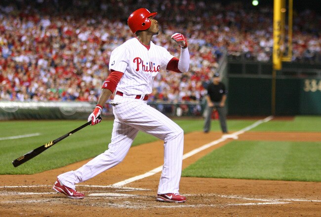 PHILADELPHIA - SEPTEMBER 25: Right fielder Domonic Brown #9 of the Philadelphia Phillies bats during a game against the New York Mets at Citizens Bank Park on September 25, 2010 in Philadelphia, Pennsylvania. The Mets won 5-2. (Photo by Hunter Martin/Getty Images)