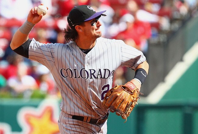 ST. LOUIS - OCTOBER 2: Troy Tulowitzki #2 of the Colorado Rockies throws to first base against the St. Louis Cardinals at Busch Stadium on October 2, 2010 in St. Louis, Missouri.  The Cardinals beat the Rockies 1-0 in 11 innings.  (Photo by Dilip Vishwanat/Getty Images)