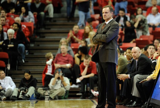 LAS VEGAS, NV - JANUARY 19:  Head coach Lon Kruger of the UNLV Rebels looks over the court late in his team's 78-63 loss to the Colorado State Rams at the Thomas & Mack Center January 19, 2011 in Las Vegas, Nevada.  (Photo by Ethan Miller/Getty Images)